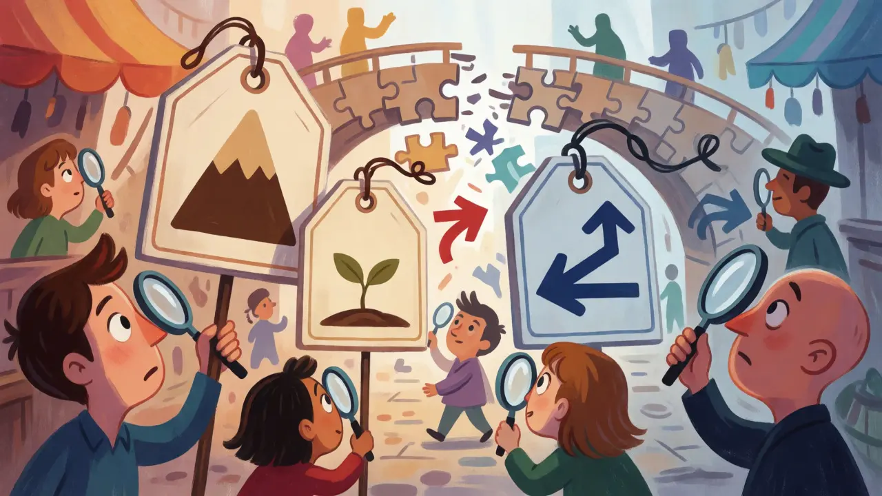 Confused cartoon investors examining mismatched price signs near a fragmented bridge.