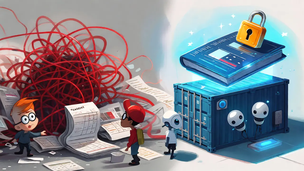 Contrast between chaotic traditional paperwork and clean blockchain ledgers with IoT sensors