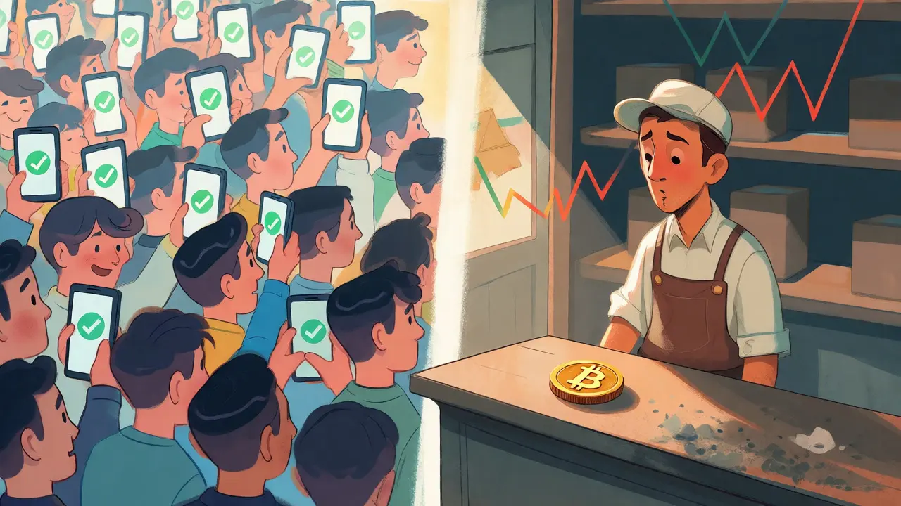 Contrast between mass app downloads and sparse actual Bitcoin transactions in local shops.
