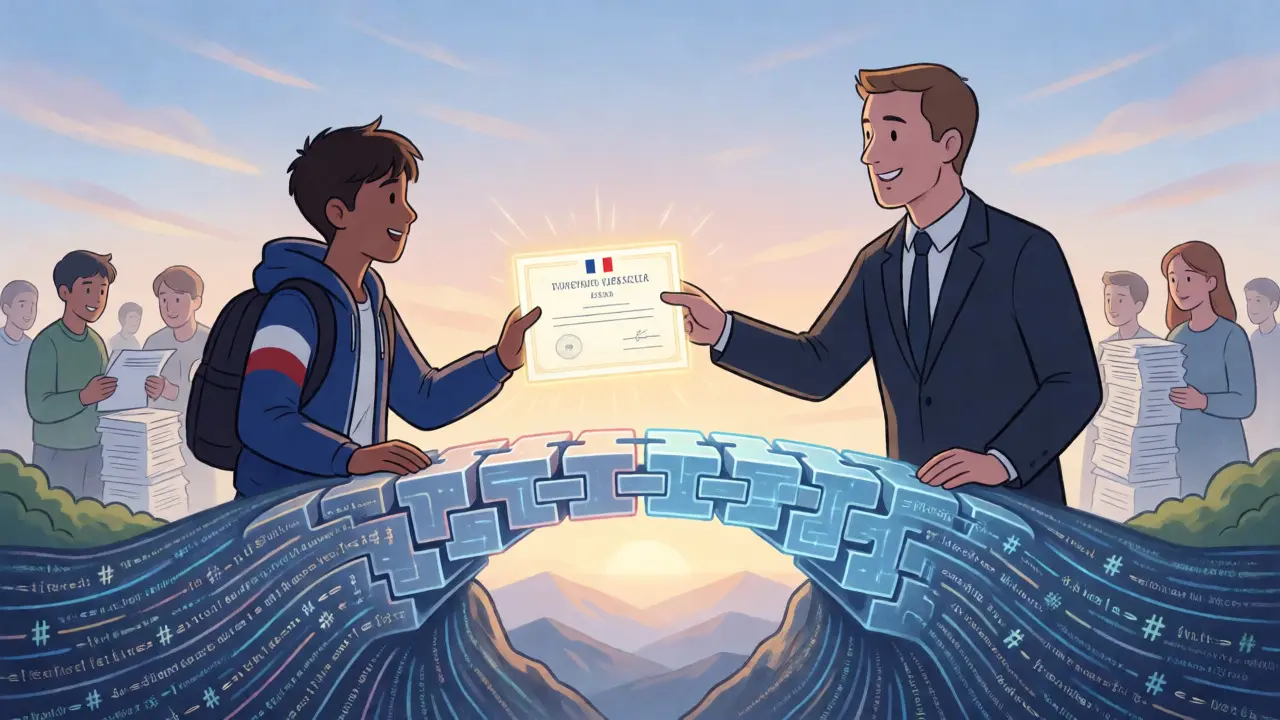 Cross-border credential verification between France and Germany using blockchain infrastructure.
