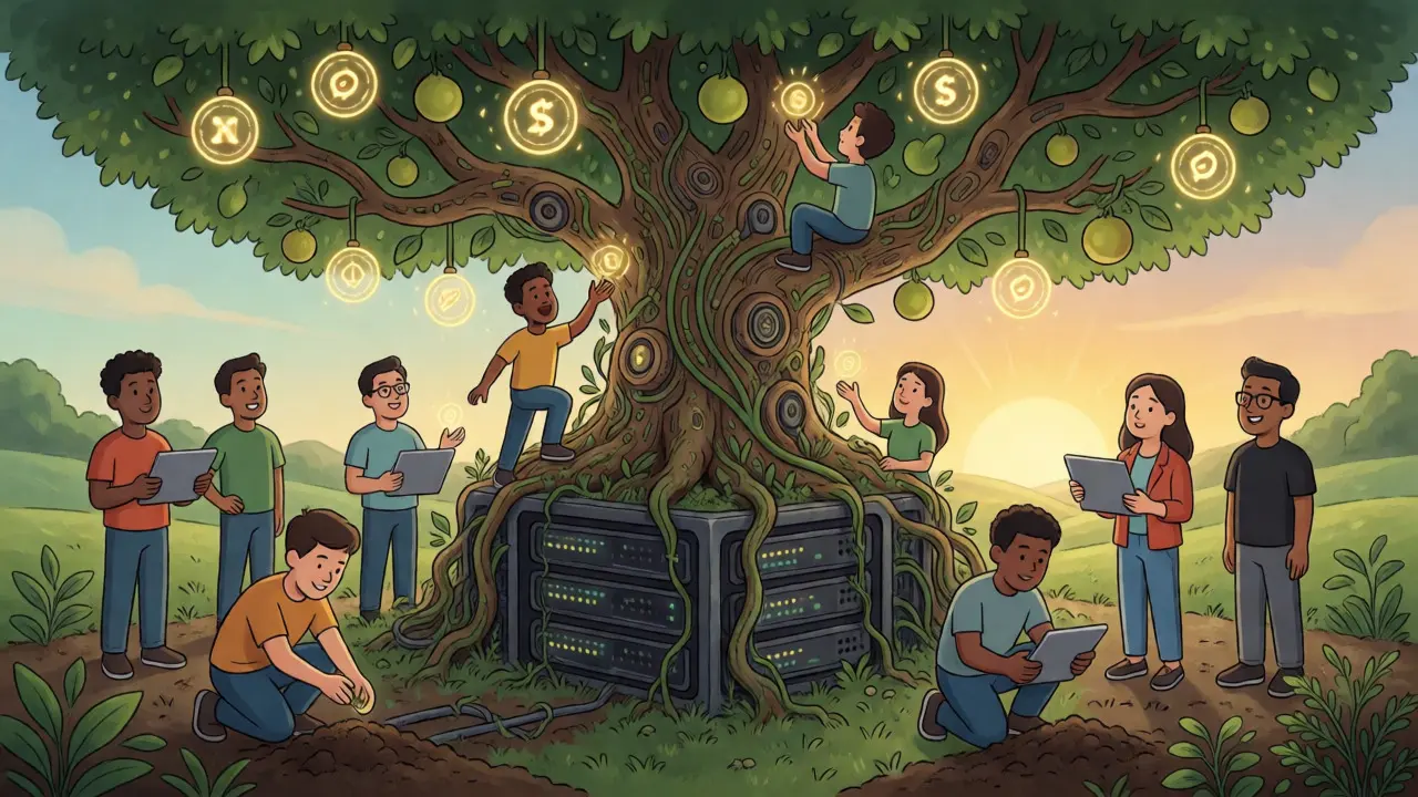 Developers and users interacting with a mechanical tree representing ecosystem growth and staking.