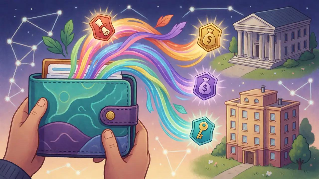 Digital wallet sharing specific credentials with various institutions via blockchain network.