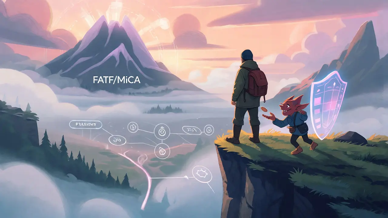 Explorer navigating regulatory mountains and smart contract risks with ZK-proof protection.