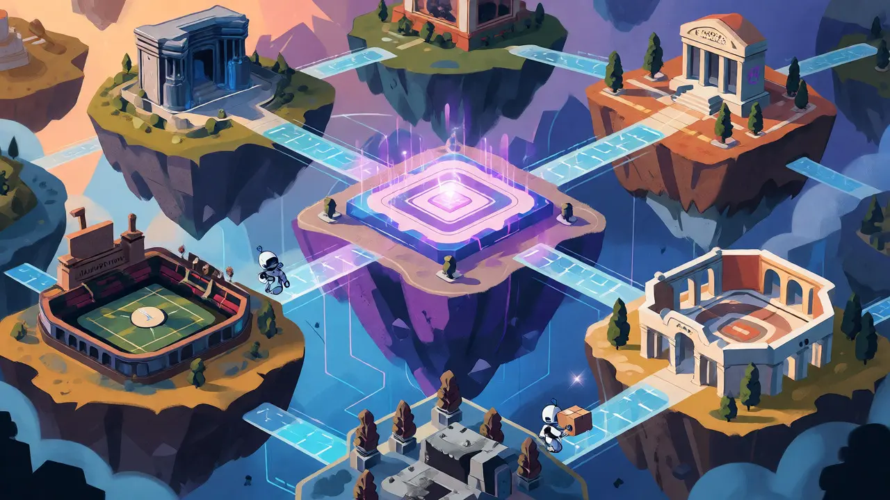 Floating islands connected by light bridges representing blockchain jurisdictions