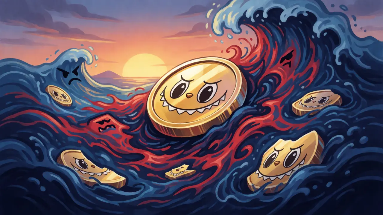 Floating token on turbulent stylized waves representing market volatility