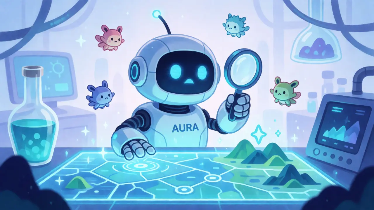 Friendly AI robot AURA analyzing a holographic blockchain map in a futuristic storybook style.