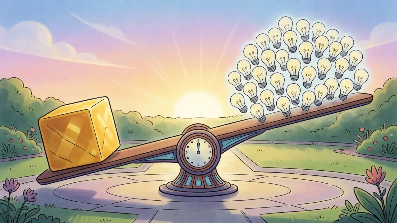 Futuristic scale balancing gold blocks against hash rate lights