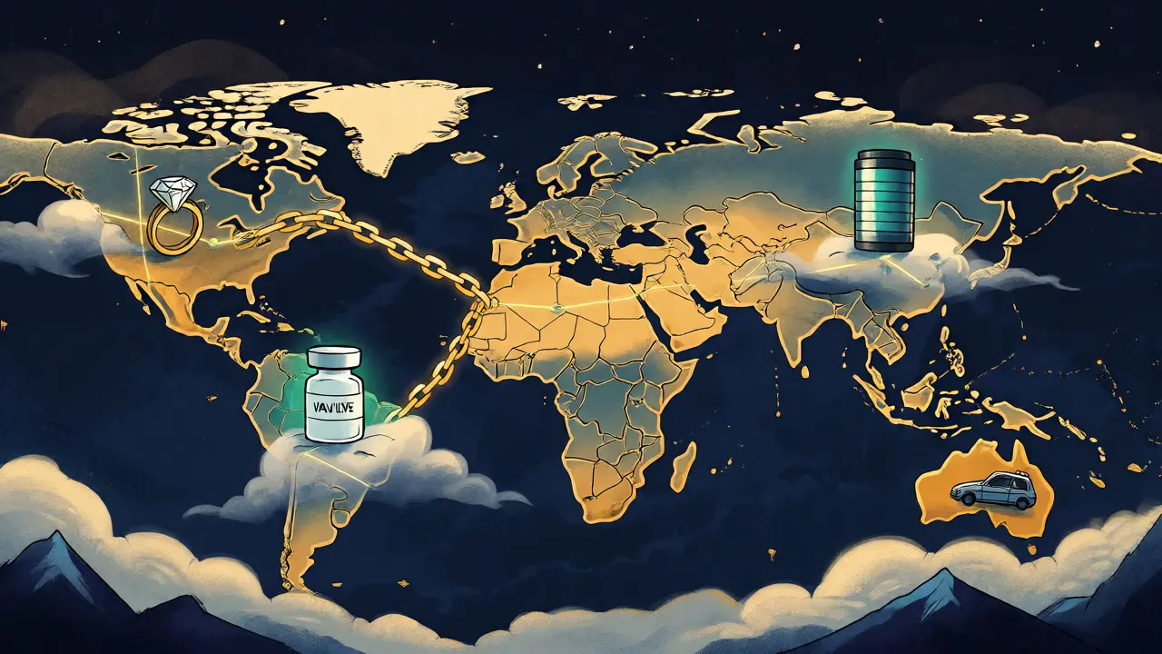Global map with glowing lines connecting diamonds, vaccines, and EV batteries securely