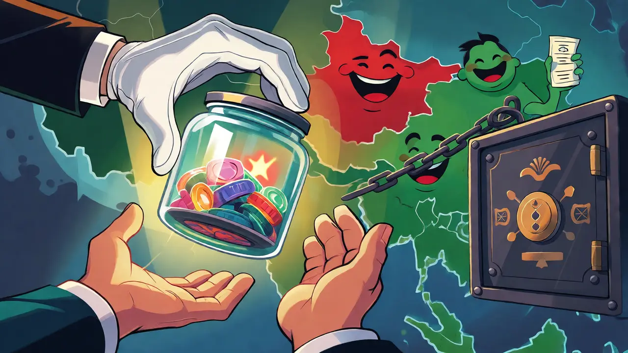 Government hands seize a jar of digital tokens while a map highlights Nepal's strict crypto ban compared to neighbors.