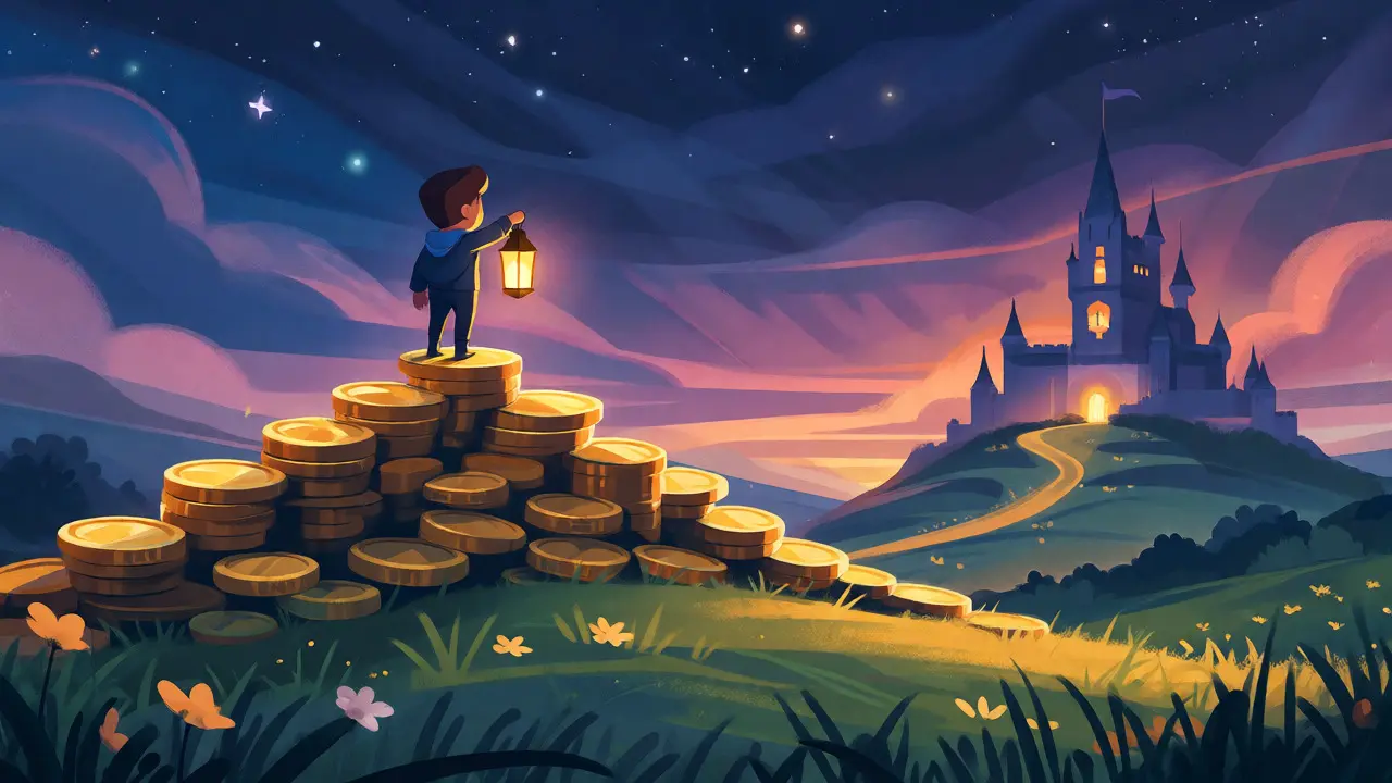 Hero standing on a coin hill looking toward a distant fantasy castle