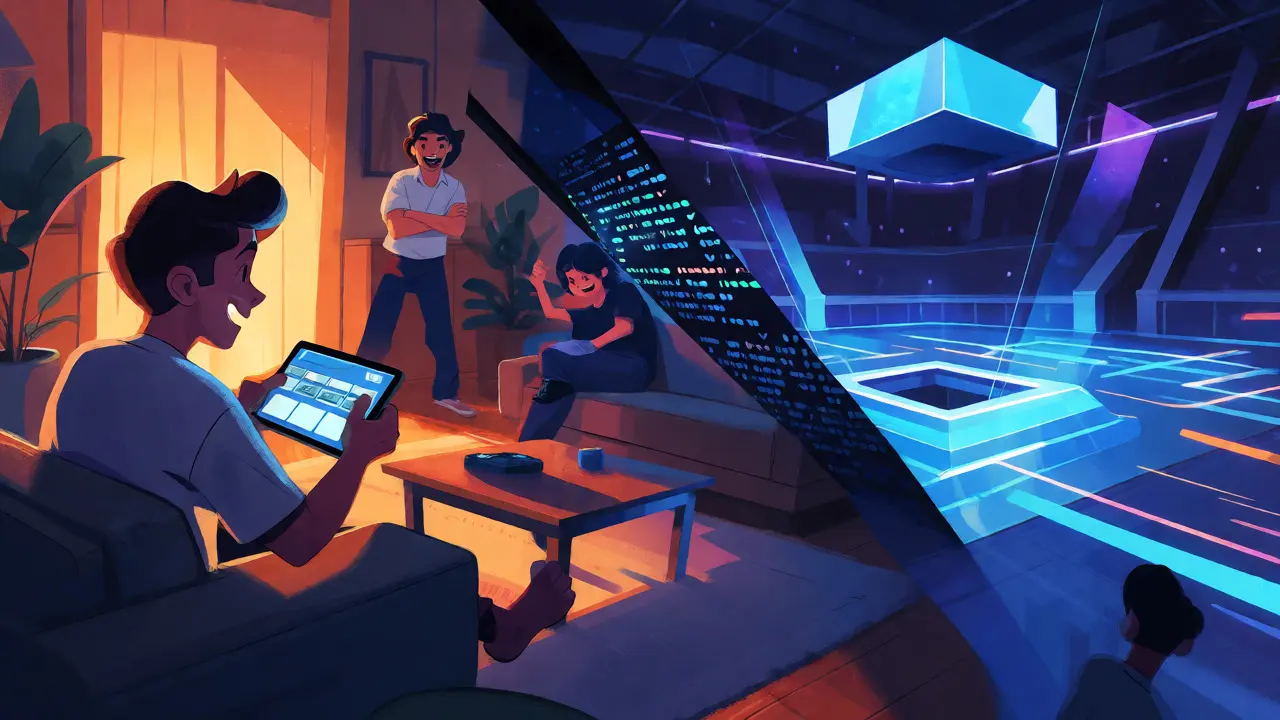 Hybrid gaming world bridging home play and blockchain arenas