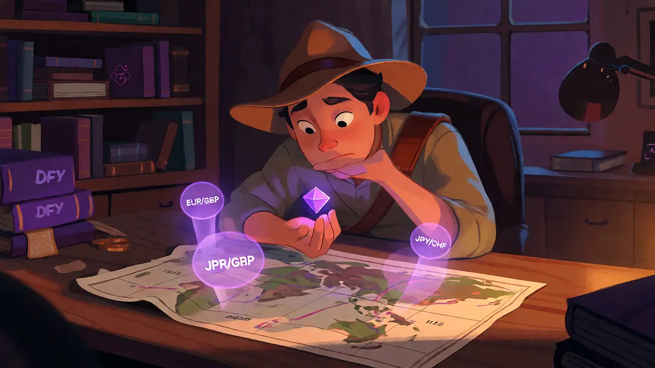 Illustration of an explorer examining holographic currency pairs and a DFX token in a cozy study.