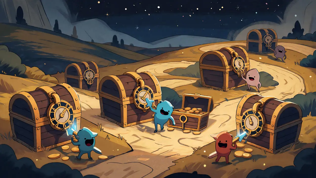 Locked treasure chests along a path representing MCASH token vesting schedules in an illustration.