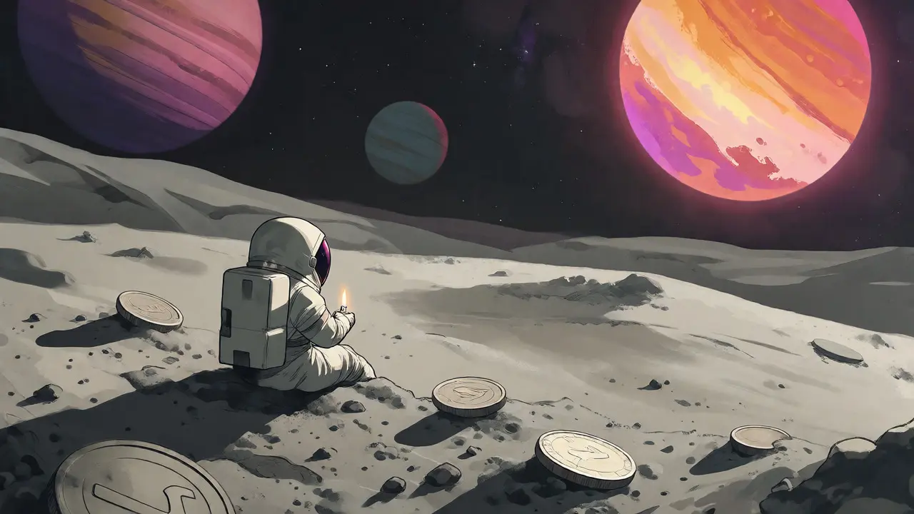 Lone astronaut on moon with scattered tokens facing distant bright planets