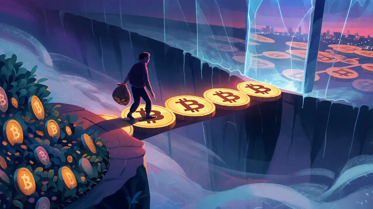 Miner crossing a Bitcoin bridge blocked by a wall of sanctions toward global markets.