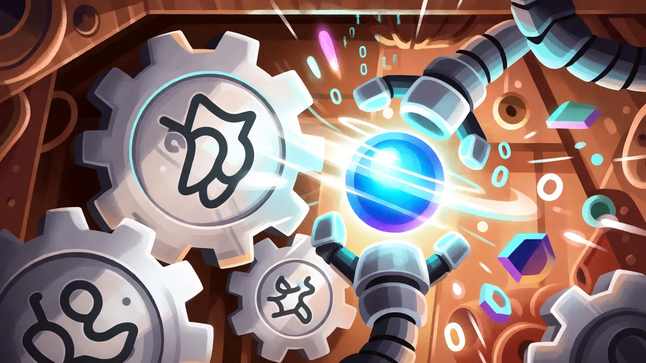 Robotic arms twisting a glowing nonce orb amidst spinning gears