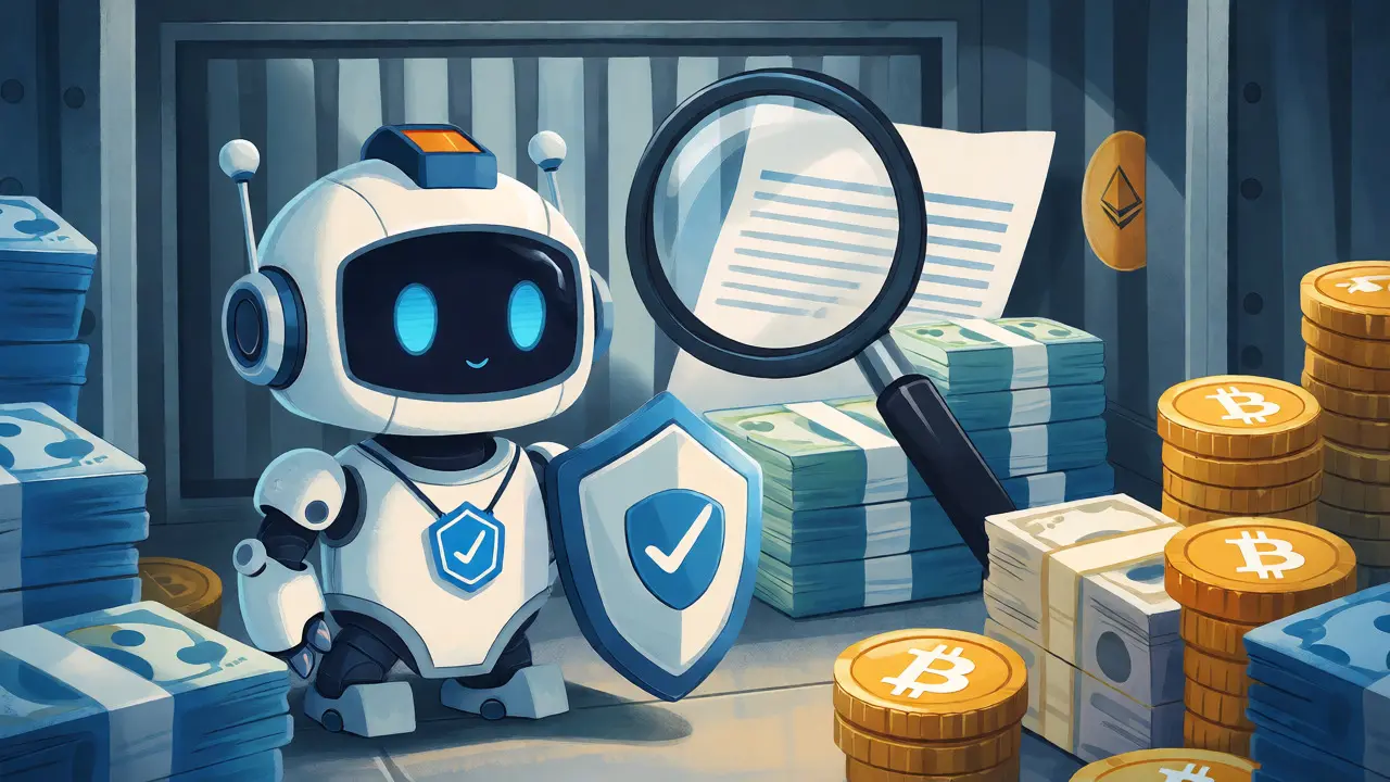 Secure vault scene with a guardian robot protecting crypto and fiat currencies.