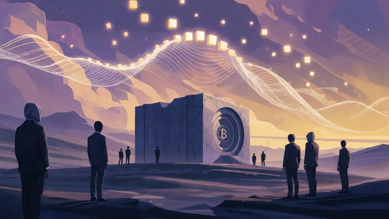 Serene storybook scene showing institutional investors guarding a Bitcoin vault in a calm landscape.
