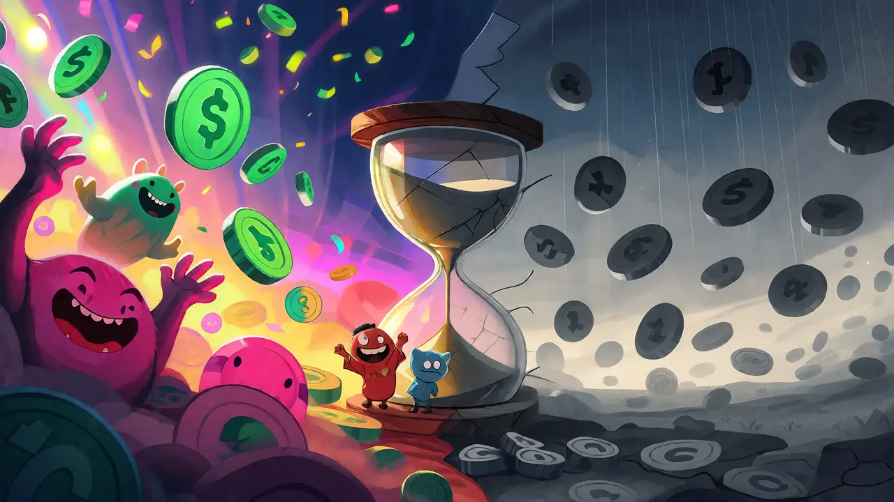 Split scene contrasting rising colorful tokens with falling gray ones around an hourglass.