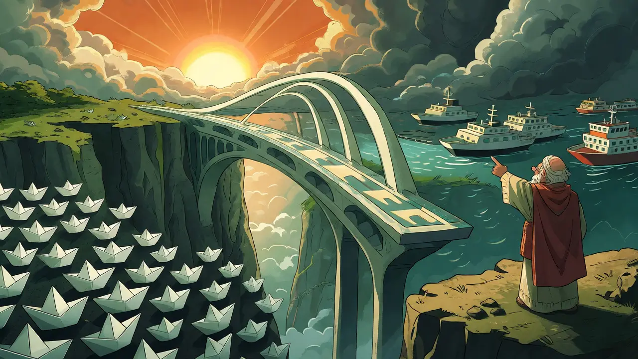 Sturdy ships crossing a bridge while small boats struggle