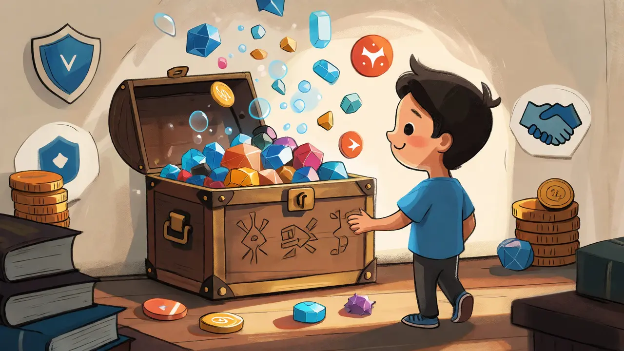 Stylized avatar collecting tokens from an overflowing treasure chest