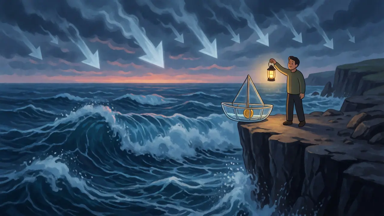 Tiny boat with a coin on a stormy sea viewed from a cliff