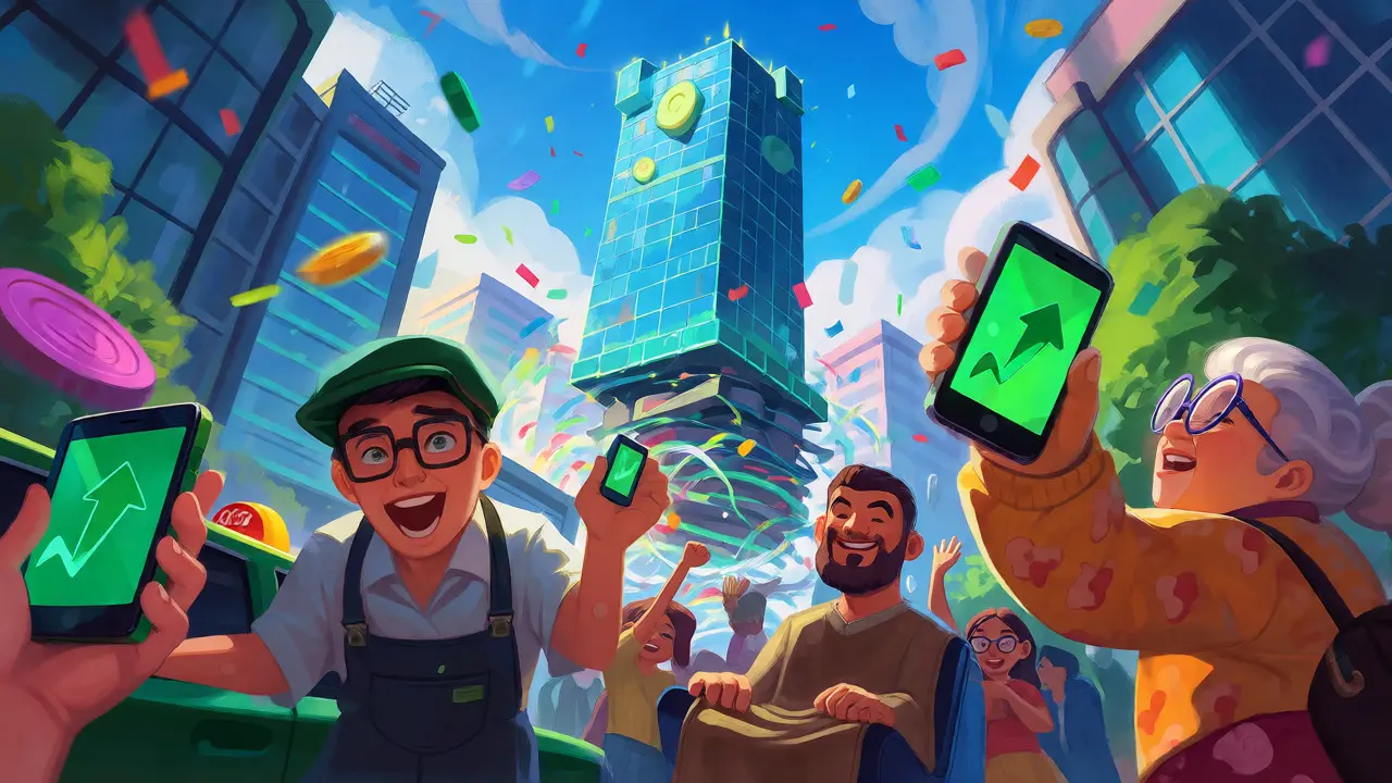 Vibrant cartoon of everyday people caught in the excitement of the 2017 crypto boom.