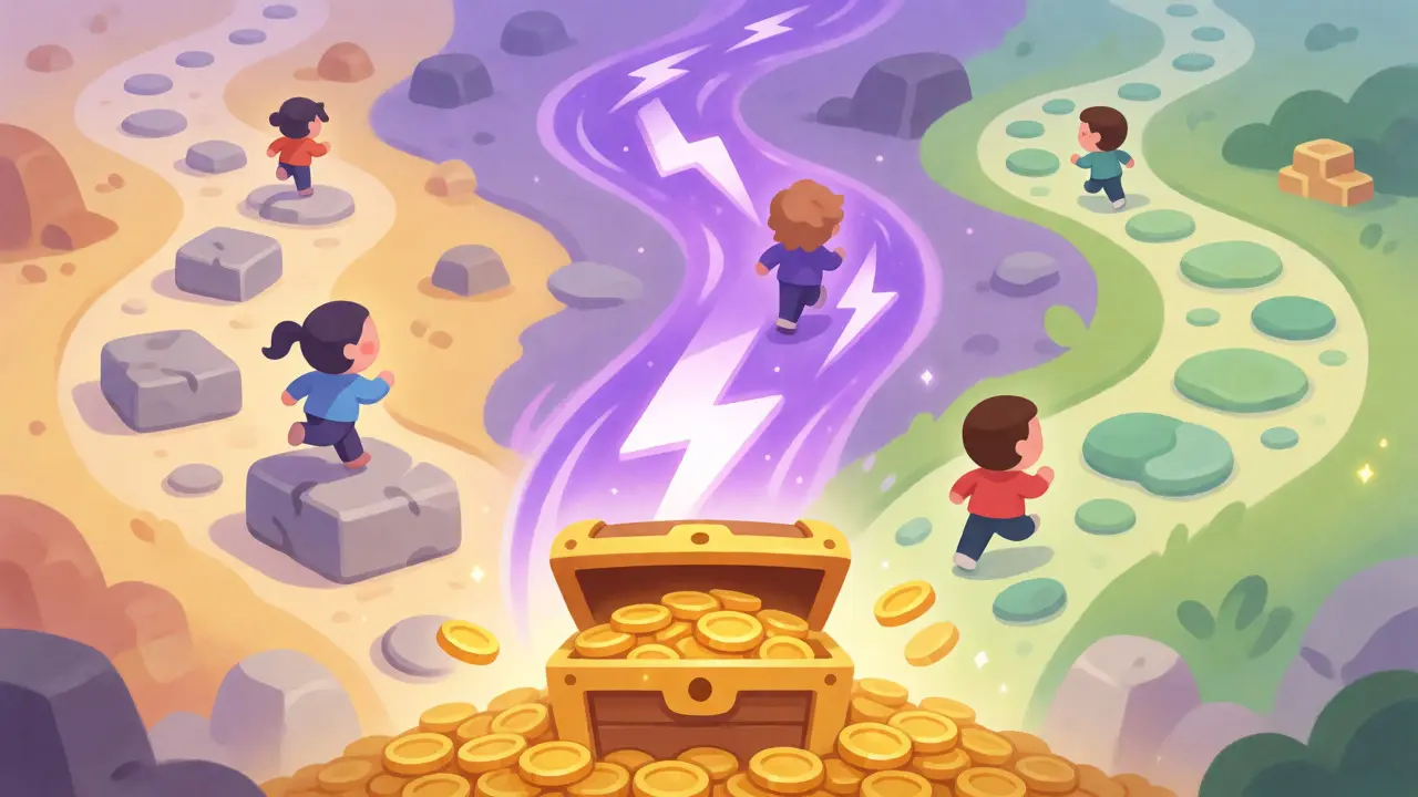 Whimsical paths showing different blockchain speeds