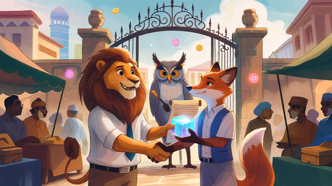 A lion banker and fox crypto trader shake hands at a verified gate.