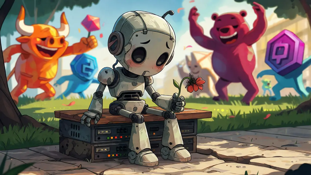 A sad robot sits on a server bench holding a dead flower while others dance nearby.