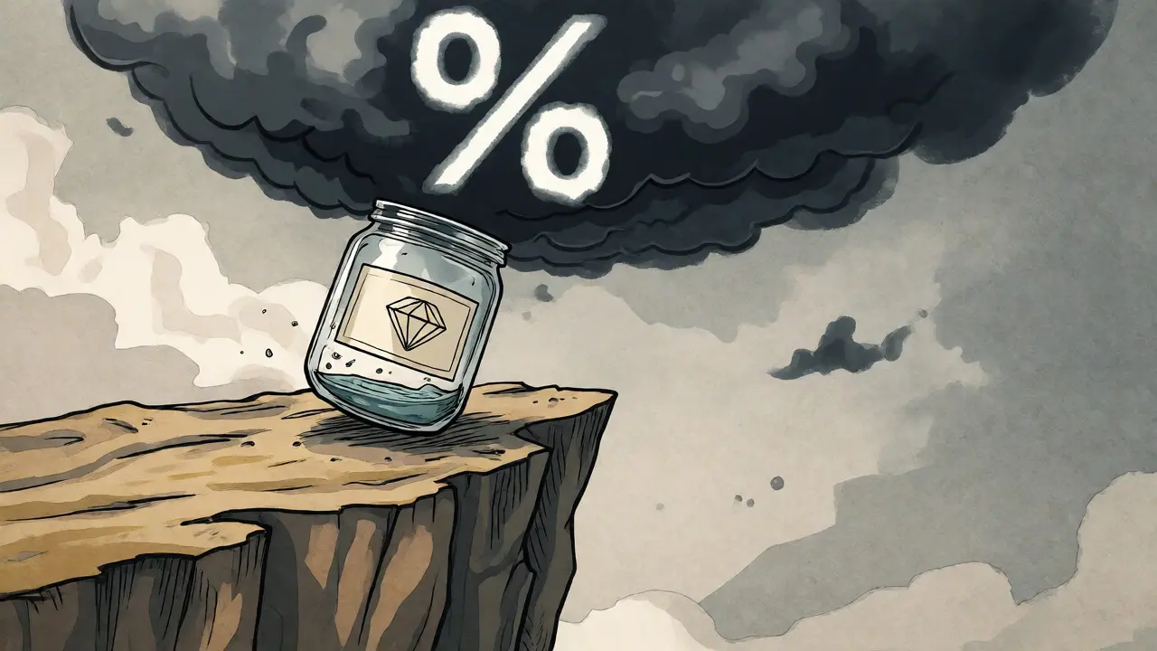 A tiny jar of liquid balances on a cliff edge under a looming cloud of potential supply.