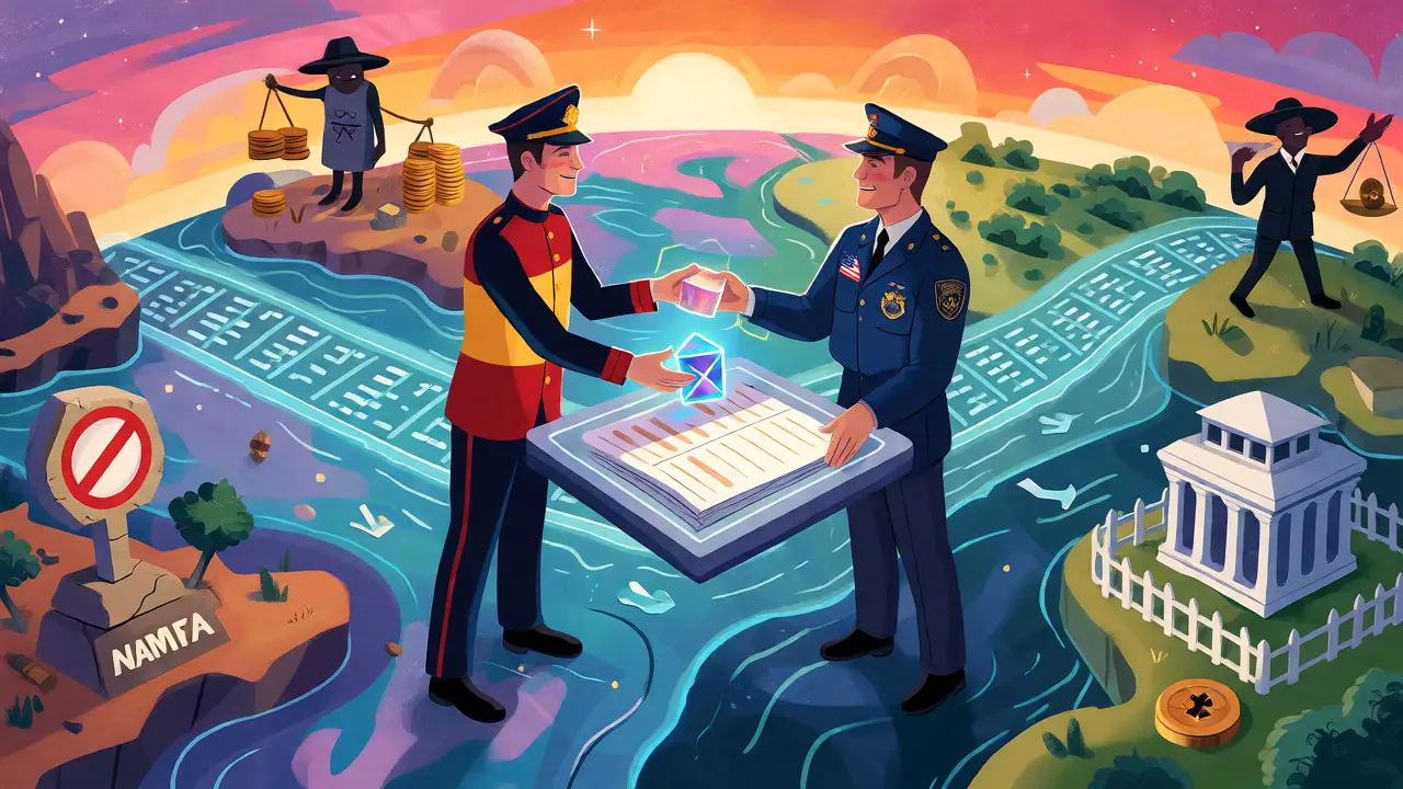 Agents from different countries cooperating over a global blockchain map.