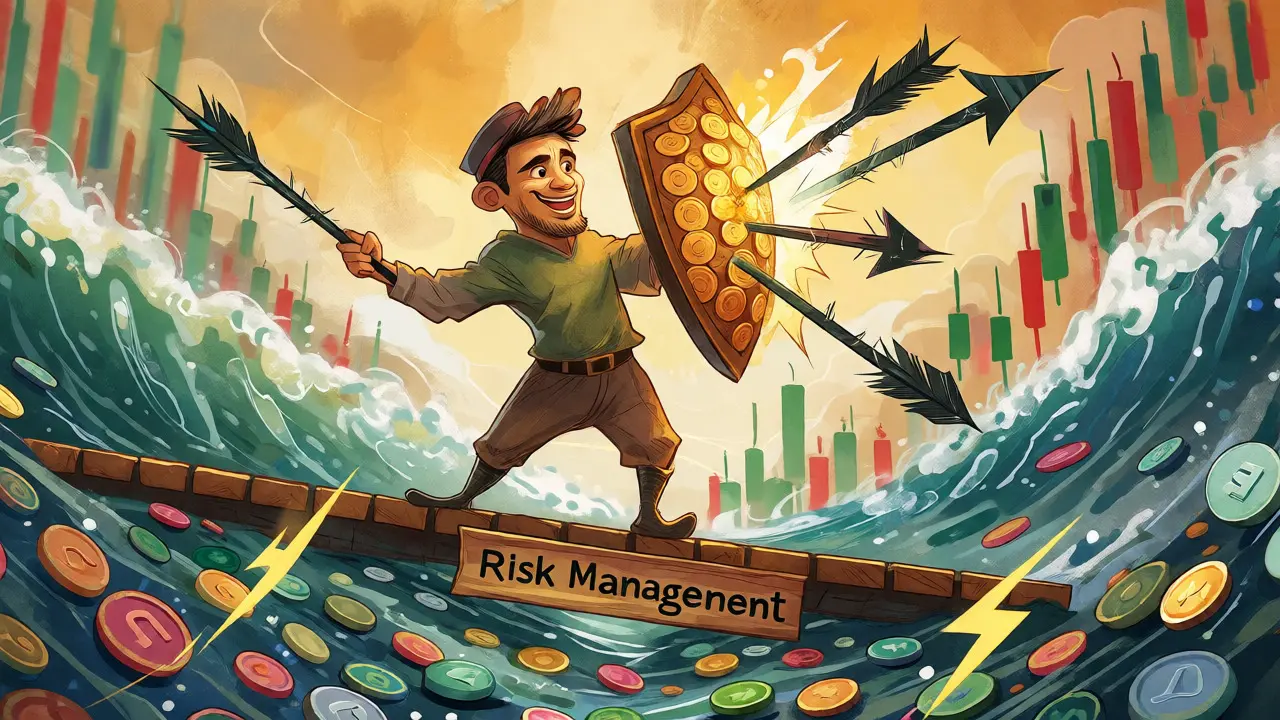 Cartoon trader using a coin shield to cross a volatile market river safely.