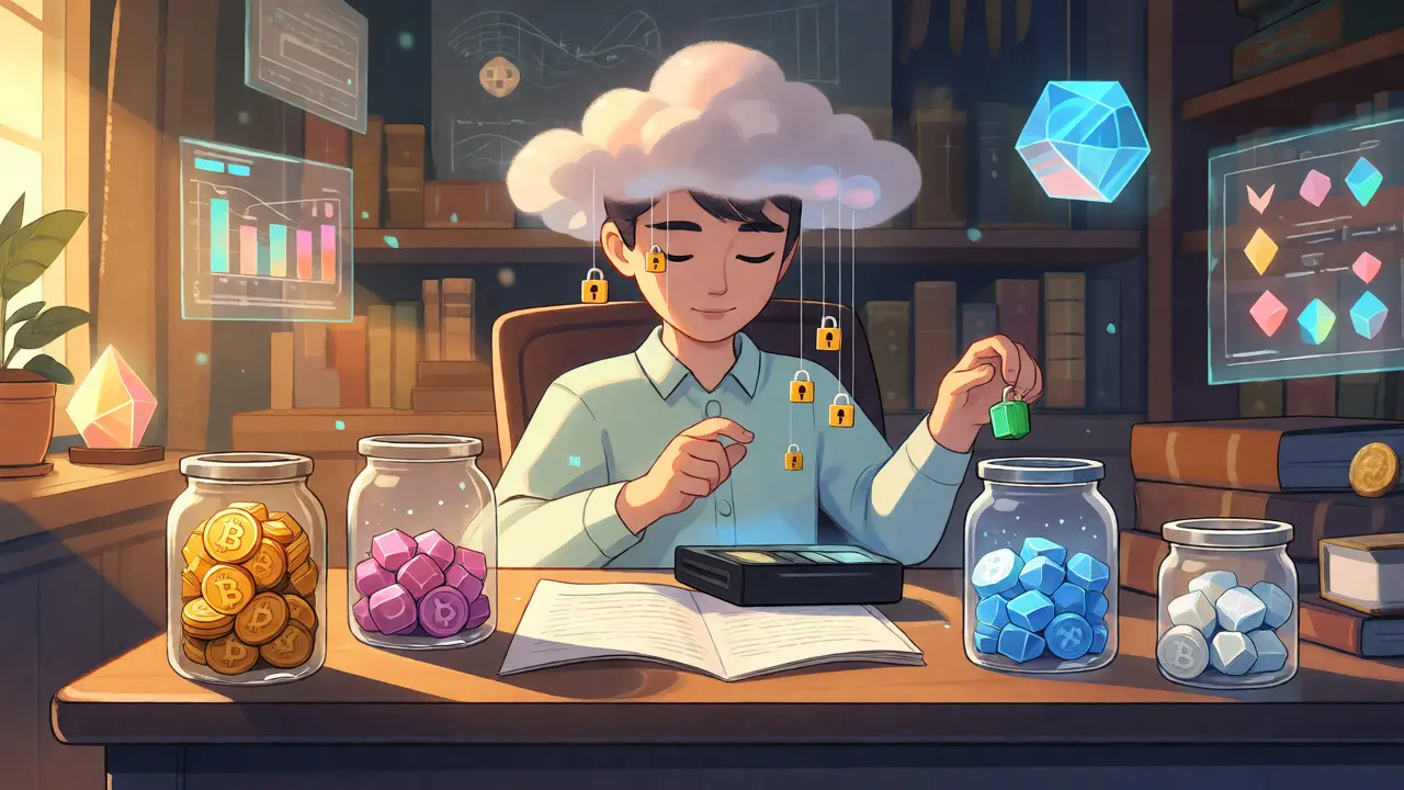 Character organizing diversified crypto assets into jars in a magical study.