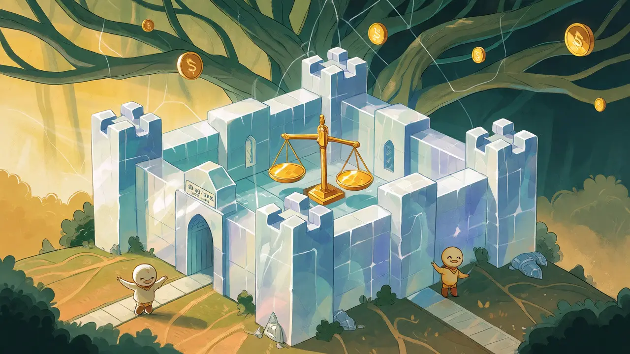 Crystalline fortress with balanced scales and guardians representing secure reserves.