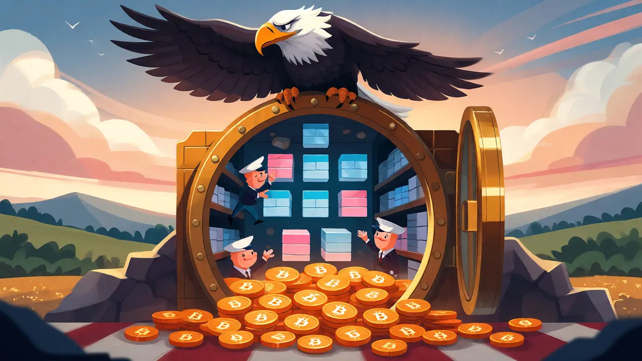 Eagle guarding a vault full of glowing Bitcoin coins in a reserve.