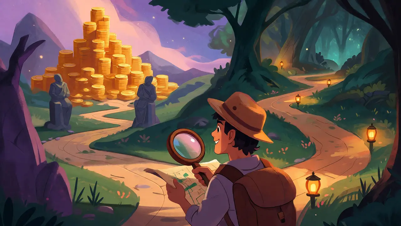 Explorer choosing between a steep gold mountain and a welcoming, lantern-lit forest path.