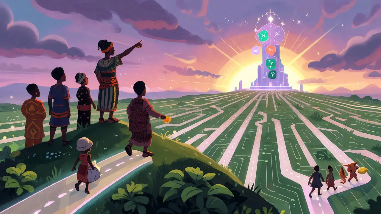 People look out over a glowing network path toward a futuristic tower.