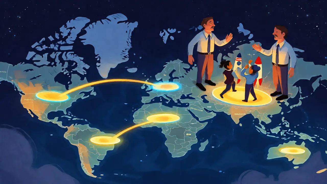 Stylized world map with portals and gatekeepers illustrating regional restrictions.