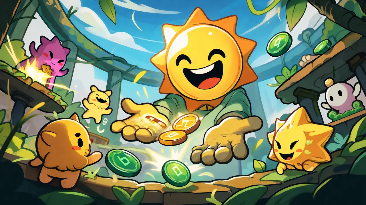 Yellow sun character distributing coins to cute NFT creatures in a vibrant circular garden.